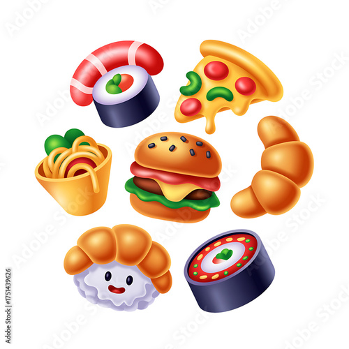 3D Food & Cuisine Icon Set – Sushi, Pizza, Burger, Croissant, Spaghetti, Dumplings 