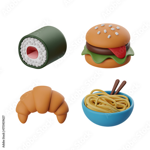 3D Food & Cuisine Icon Set – Sushi, Pizza, Burger, Croissant, Spaghetti, Dumplings 