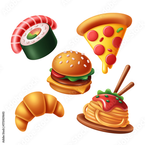 3D Food & Cuisine Icon Set – Sushi, Pizza, Burger, Croissant, Spaghetti, Dumplings 