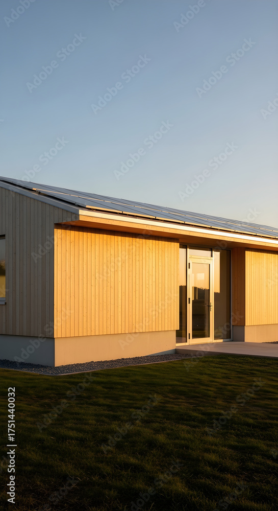 Fototapeta premium Minimalist Wooden House with Solar Roof and Warm Sunset Light