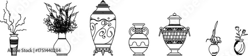 Assorted decorative vases with floral arrangements and ornamental designs — ideal for interior visualization, home decor concepts, or minimalist graphic design projects.