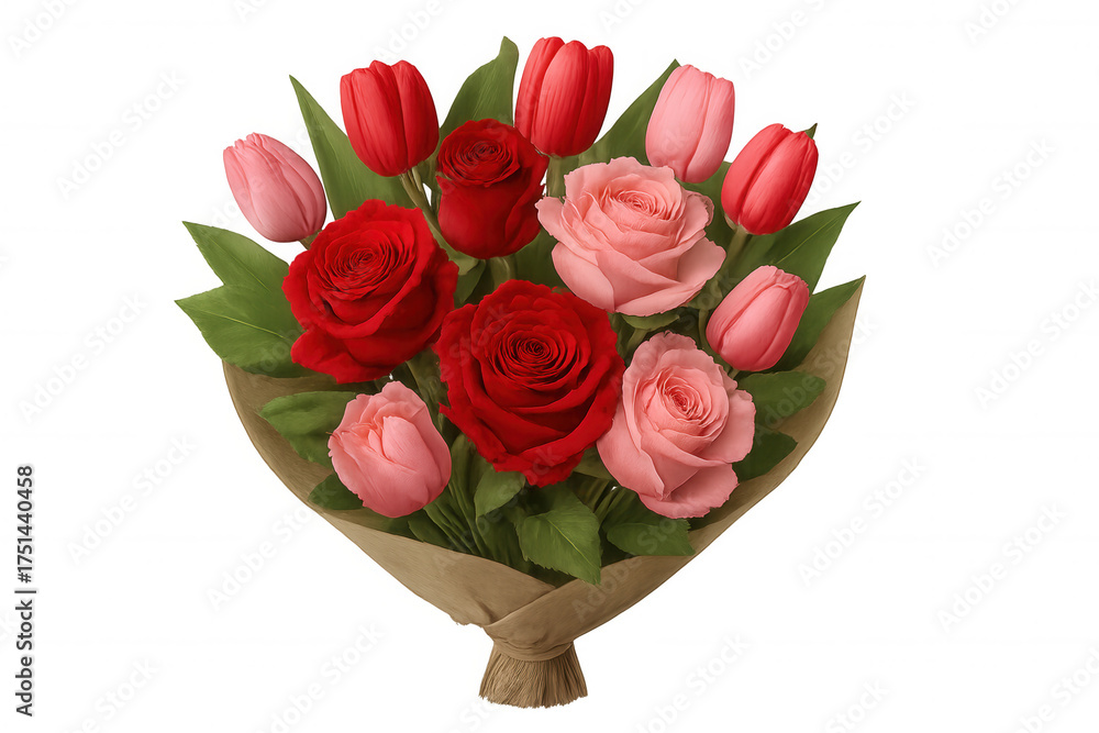 Fototapeta premium Romantic bouquet with red roses and pink tulips, celebrating love, gifting, and anniversary on transparent background