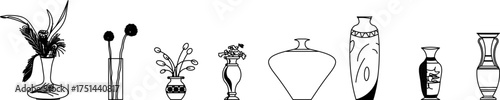 Elegant line-drawn vases and floral arrangements — ideal for interior design, decoration mockups, or graphic projects featuring minimalist home decor elements.