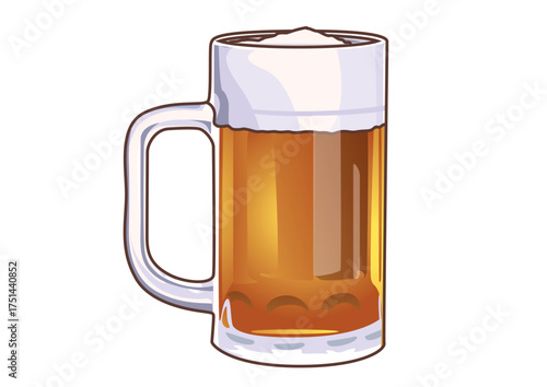 Refreshing foamy beer served in a classic glass mug illustration on white backdrop. Beverage concept