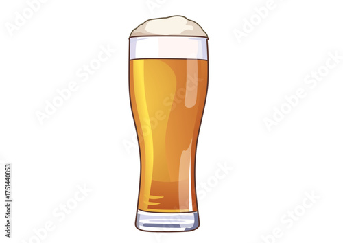 Tall glass filled with golden lager beer and frothy head illustration on white. Beverage concept