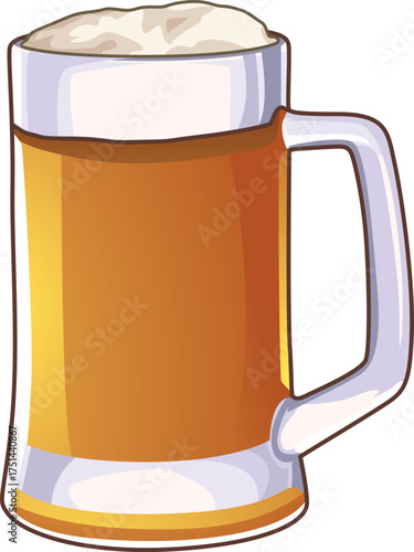 Classic beer mug illustration brimming with golden liquid and a frothy white head on white. Beverage concept