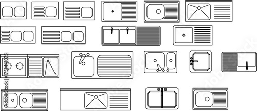A collection of black and white line art illustrations of various kitchen and utility sinks, shown from a top-down view.