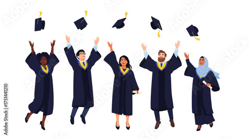 Diverse group of happy graduates celebrating their academic achievement by throwing caps in the air