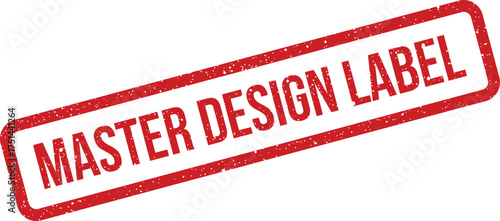 Grungy red rubber stamp with MASTER DESIGN LABEL text for official document marking or branding
