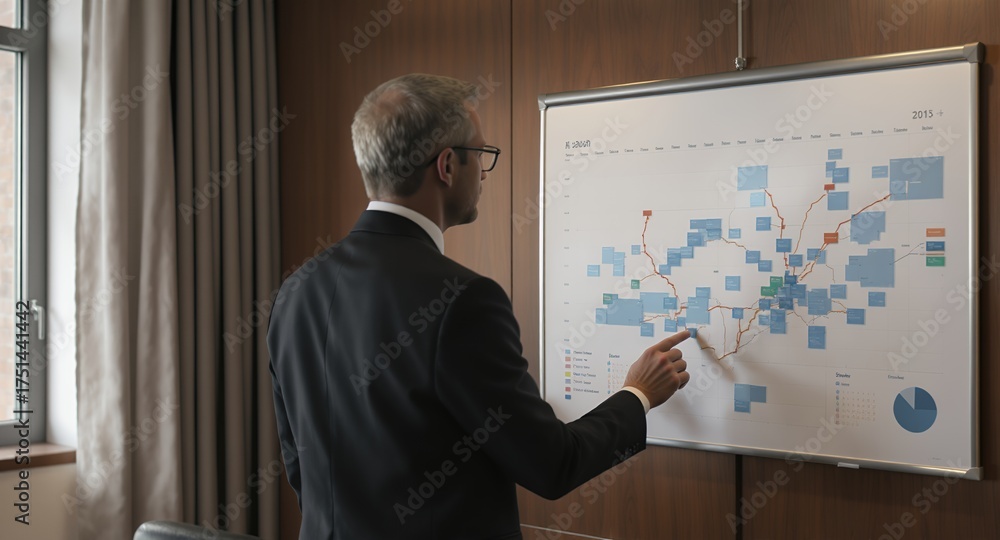 Fototapeta premium Business professional pointing at a complex flowchart on a presentation board