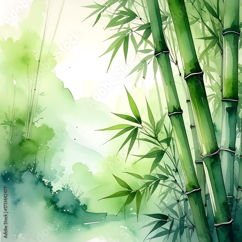 Watercolor bamboo forest in shades of green and white