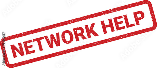 Rectangular grunge rubber stamp with textured lettering indicating assistance is available for networking issues