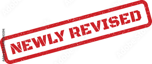 Rectangular textured rubber stamp displaying NEWLY REVISED message for updated documents