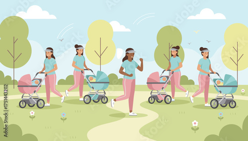Diverse women jogging and walking with strollers in a park promoting active motherhood