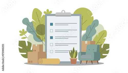 Organized moving checklist boxes furniture and plant for home relocation planning