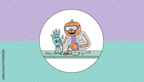 Playful pumpkin character building a robot hand showcasing creative technology and innovation