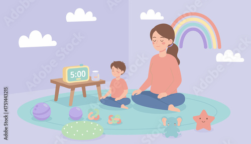 Mom and child meditate calmly in a colorful room promoting peace and wellness Family lifestyle