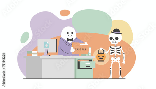 Halloween office Ghost at desk with case file skeleton with pumpkin lantern for festive business
