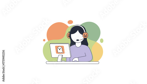 Customer service agent in Halloween headset at computer with ghost icon Holiday support