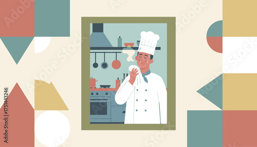 Stressed chef wiping sweat in a hot busy professional kitchen Culinary challenges hard work concept
