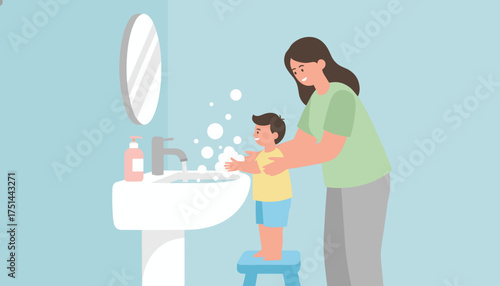 Mother teaching son proper handwashing technique for health and hygiene Clean lifestyle concept