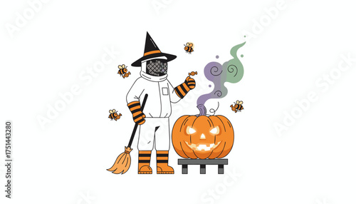 Halloween character in beekeeper suit and witch hat with glowing pumpkin candy and bees
