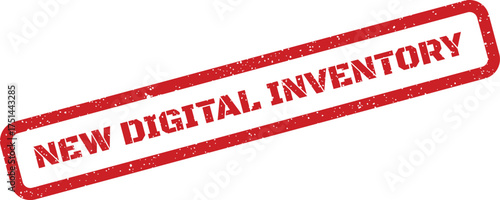 Red distressed rectangular rubber stamp sign indicating a new digital inventory update has been officially released
