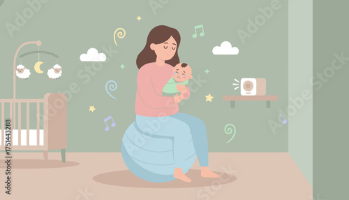Mom rocking crying baby on exercise ball in calm nursery Soothing parenting lifestyle