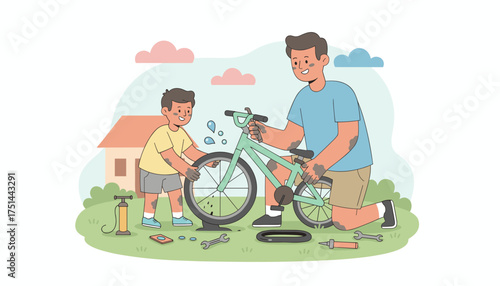 Father and son bond while fixing a bicycle outdoors teaching practical skills and creating memories