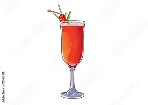 Illustrative cocktail in a tall glass with a cherry and green leaf garnish isolated on a white backdrop. Beverage concept