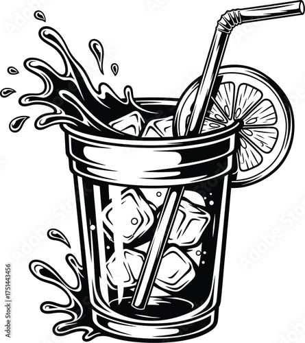 Dynamic black and white illustration of a refreshing tall glass filled with ice cubes and a splash of liquid