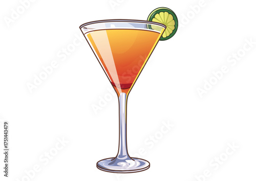 Illustrative martini in a triangular glass with lime garnish isolated on a white backdrop. Beverage concept