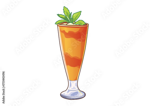 Illustrative cocktail in a tall glass with a cherry and green leaf garnish isolated on a white backdrop. Beverage concept