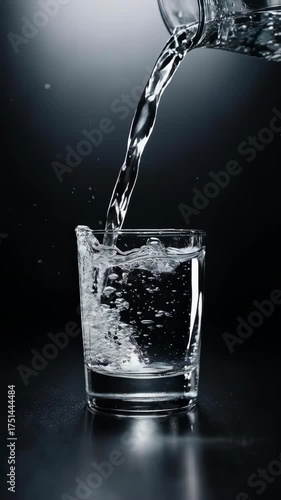 A cinematic slow-motion video of fresh water being poured into a glass on a dark background. An elegant and dramatic visual for refreshment, purity, and hydration.
