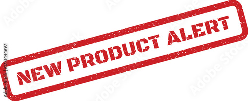 Red grunge rubber stamp displaying new product alert, notifying customers about a fresh item