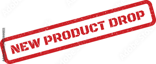 Red grunge rubber stamp featuring the phrase new product drop, for announcing a trendy release