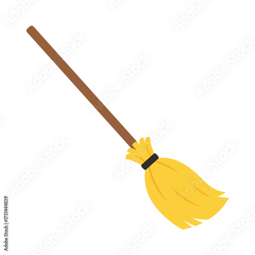 Simple Flat Design Broomstick Icon with Brown Handle and Yellow Straw: Vector Graphic Symbol for Witchcraft, Cleaning, Housework, and Halloween Concepts.