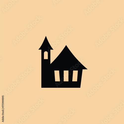 Bold Black Silhouette of a Haunted House or Church with Steeple on a Pale Orange Background: Vector Graphic for Halloween, Horror, Spooky Architecture, and Gothic Concepts.