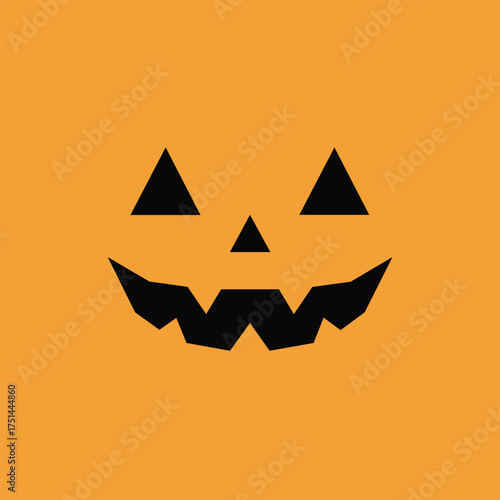 Bold Black Silhouette Jack-o'-lantern Face Icon on an Orange Background: Vector Graphic for Halloween Decoration, Autumn Events, Spooky Fun, and Pumpkin Carving Concepts.