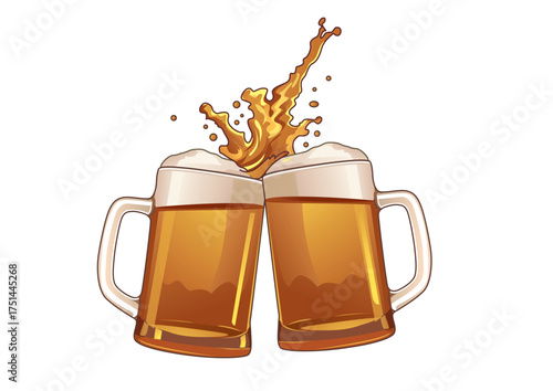 Two mugs of refreshing beer clinking together in a celebratory toast with splash. Celebration concept