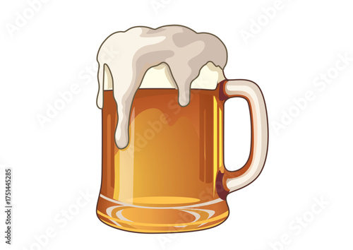 Cartoon depiction of a beer mug filled with overflowing white foam running down the sides. Beverage concept