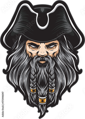 Pirate with beard and Hat: A captivating depiction of a weathered pirate with a flowing beard and traditional hat, exuding a sense of adventure and mystery