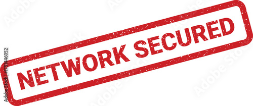 Red rectangular rubber stamp impression displaying the message NETWORK SECURED with a grunge texture effect, confirming protection status