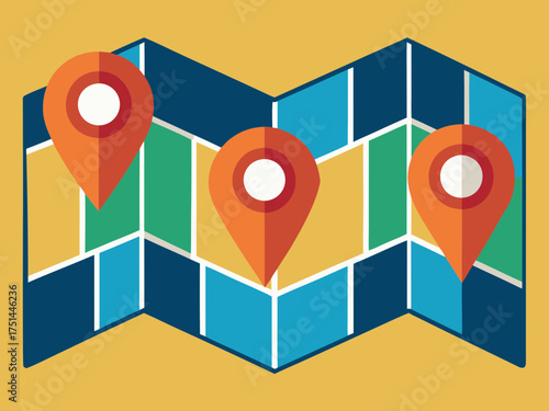 Colorful folded map with three orange location pins showing places to go
