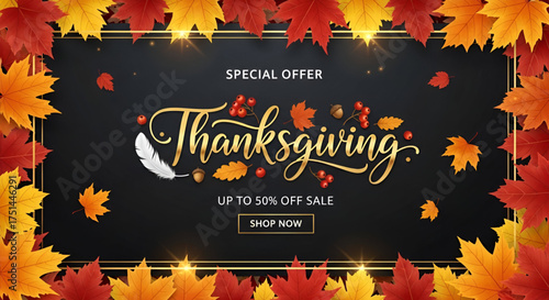 ​A luxurious and elegant Thanksgiving sale banner with a beautiful golden calligraphy text and a fifty percent discount special offer surrounded by a vibrant border of colorful autumn leaves on a dark