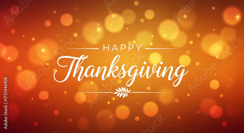 ​A unique and elegant graphic design with beautiful calligraphy text spelling out Happy Thanksgiving and a subtle decorative branch on a glowing orange and yellow blurred bokeh light background 