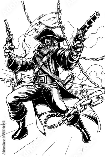 Black and White Pirate with Pistols — Detailed Vintage Vector Illustration for Tattoo, Logo, and Adventure Design