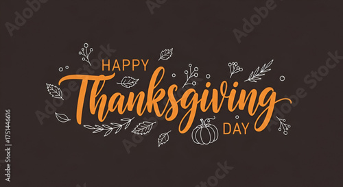 A stylish and elegant graphic design with hand drawn illustration of autumn leaves and berries surrounding beautiful orange calligraphy text for a Happy Thanksgiving Day banner on a dark background.
