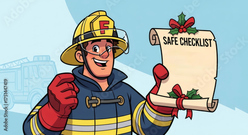 Smiling cartoon firefighter presenting holiday safe checklist scroll with holly and ribbons. Festive fire safety tips illustrated with fire truck background