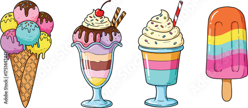 Colorful cartoon vector illustration of ice cream cone, sundae, milkshake, and rainbow popsicle desserts with whipped cream, syrup, toppings